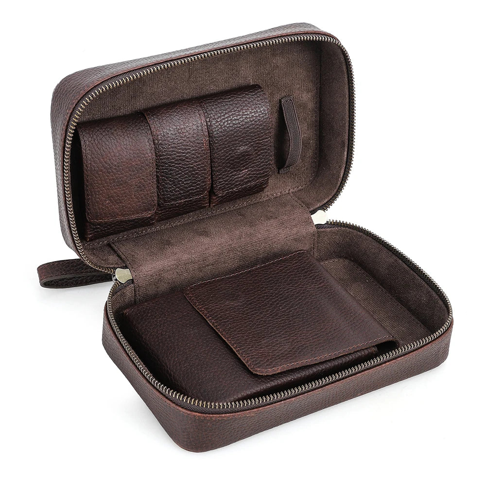 Luxury Handmade Genuine Leather Cigar Humidor Case Portable Travel Box For 5 Cigars Cigarette Lighter Cutter with Phone Pouch