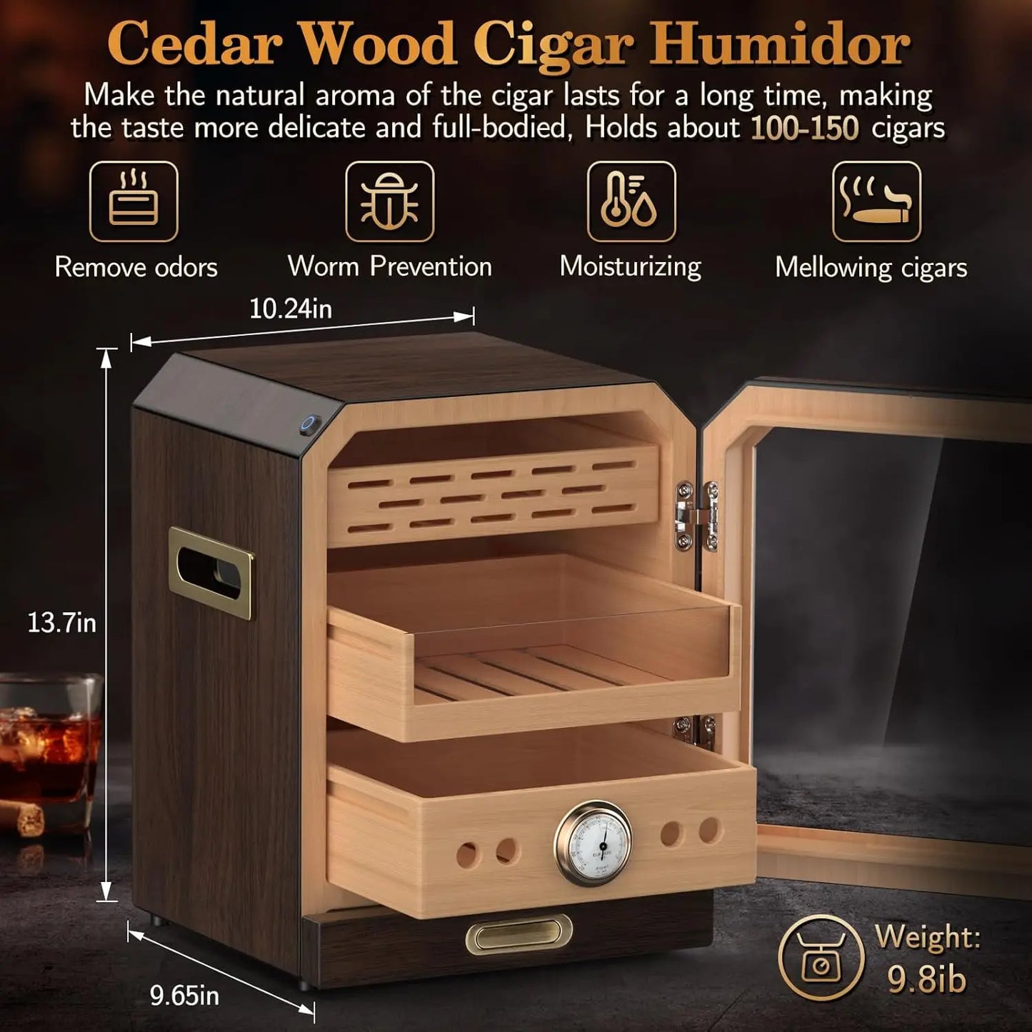 Cigar Humidor, Lighted Control Magnetic Door, with Cigar Accessory Drawer and 2 humidifiers 3 Layer Large Capacity Storage