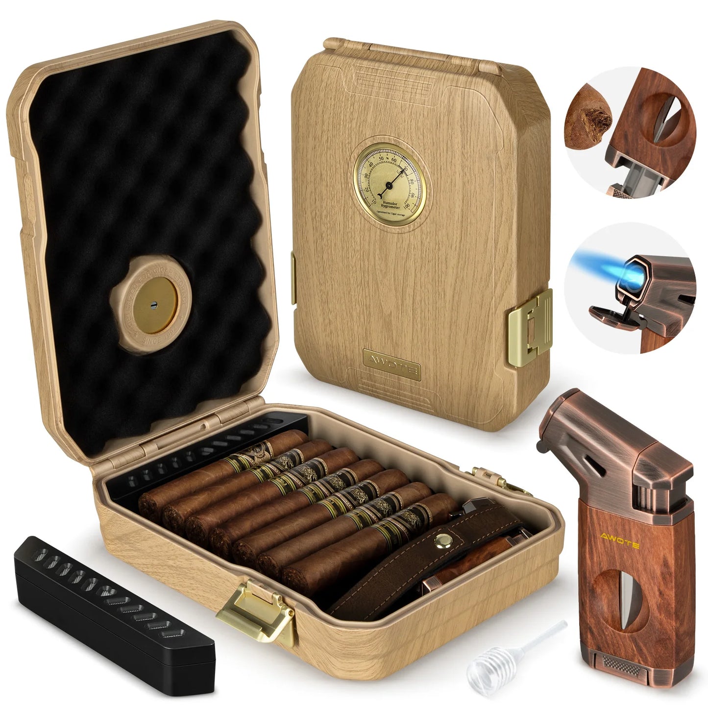 AWOTE Travel Cigar Humidor with Lighter,Cedar Wood,V Cut Cigar Cutter,Portable Cigar Humidor with Humidifier&Hygrometer