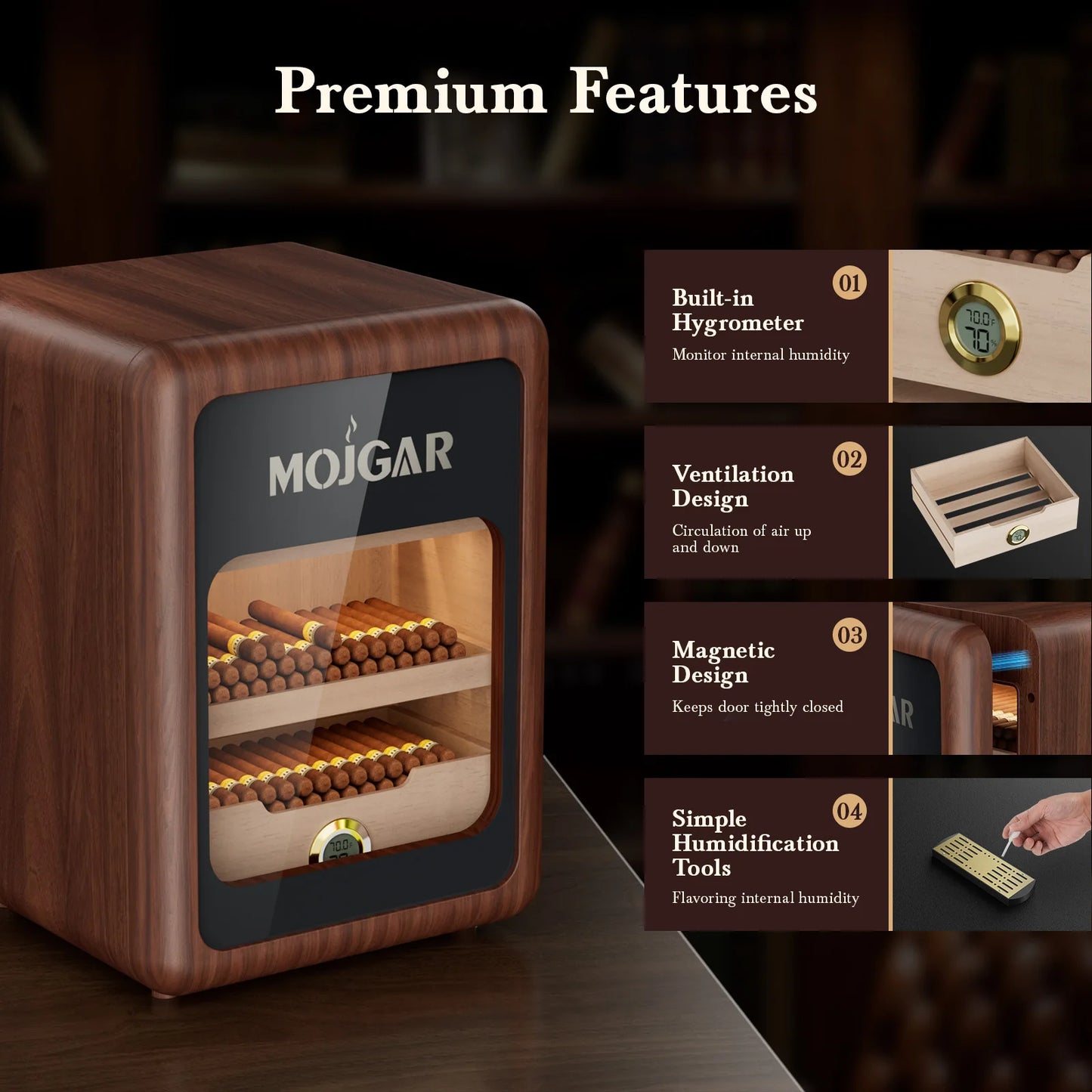 Cigar Humidor, Cigar humidor cabinet for  100-150 Cigars with LED Light Control System, 3 Layer Large Desktop Cigar Humidor