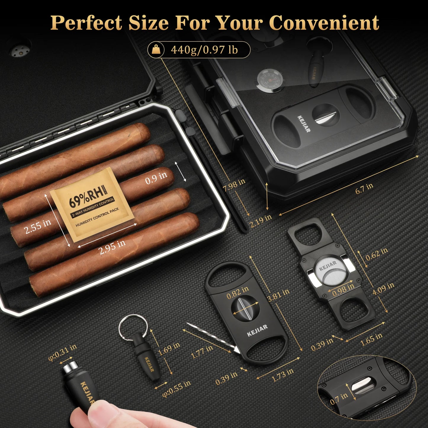 Travel Cigar Humidor Case Portable Cigar Box with Cigar Cutter V Cut,Cigar Cutter Straight Cut,Cigar Punch,Humidity Control Pack