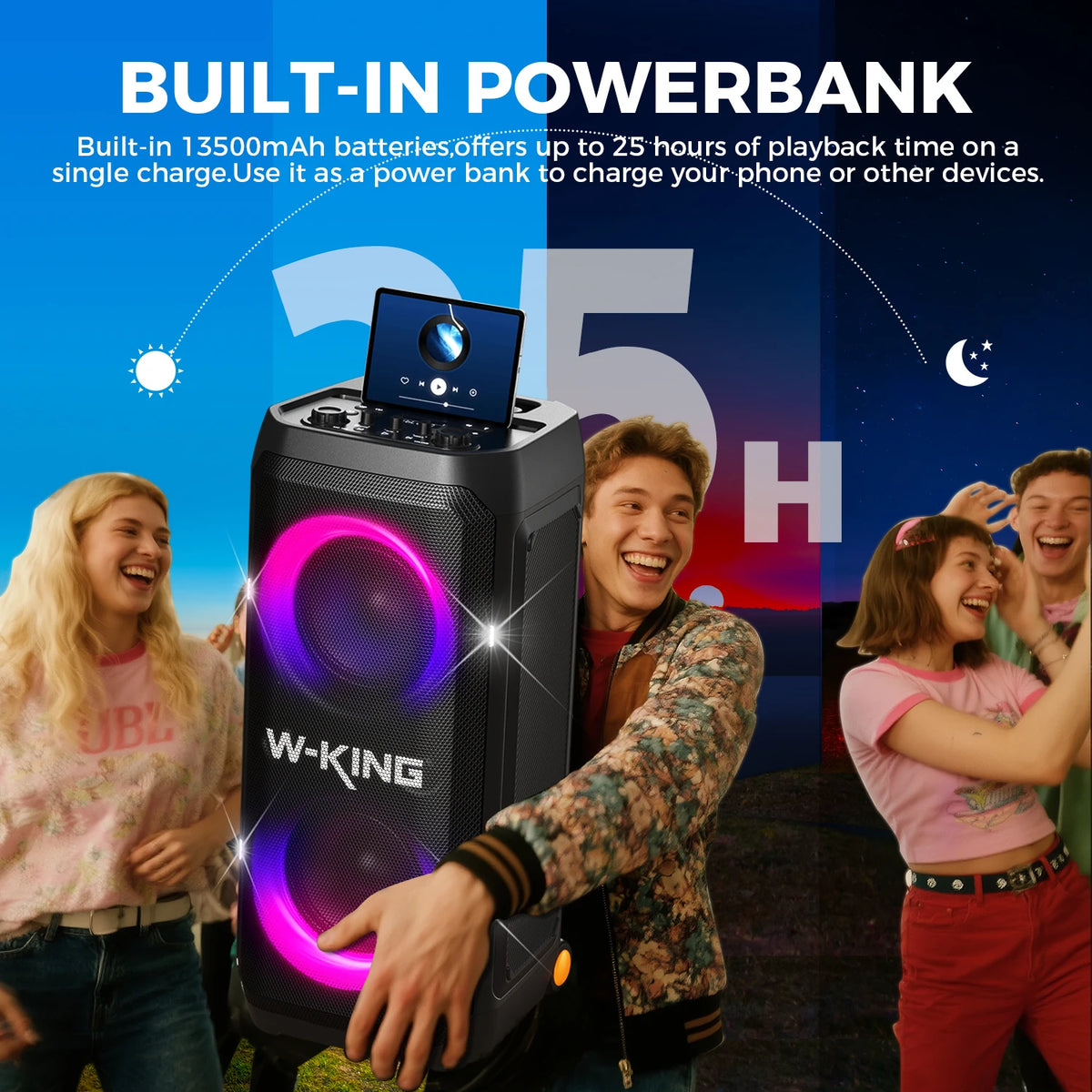 W-King T12 Portable Bluetooth Speaker Box with 370W Max Pro Sound,Light Show,Csb,Bass Boost, Wheels and Telescoping Handle