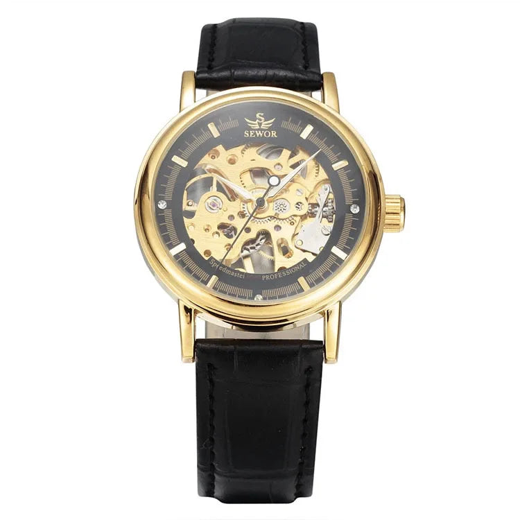Men Mechanical Wristwatch, PU Leather Band, Mineral Reinforced Glass Wrist Watch forDaily Use