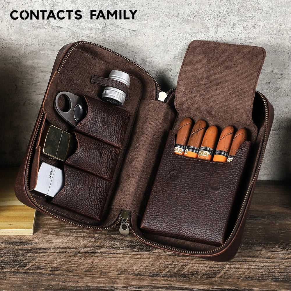 Luxury Handmade Genuine Leather Cigar Humidor Case Portable Travel Box For 5 Cigars Cigarette Lighter Cutter with Phone Pouch