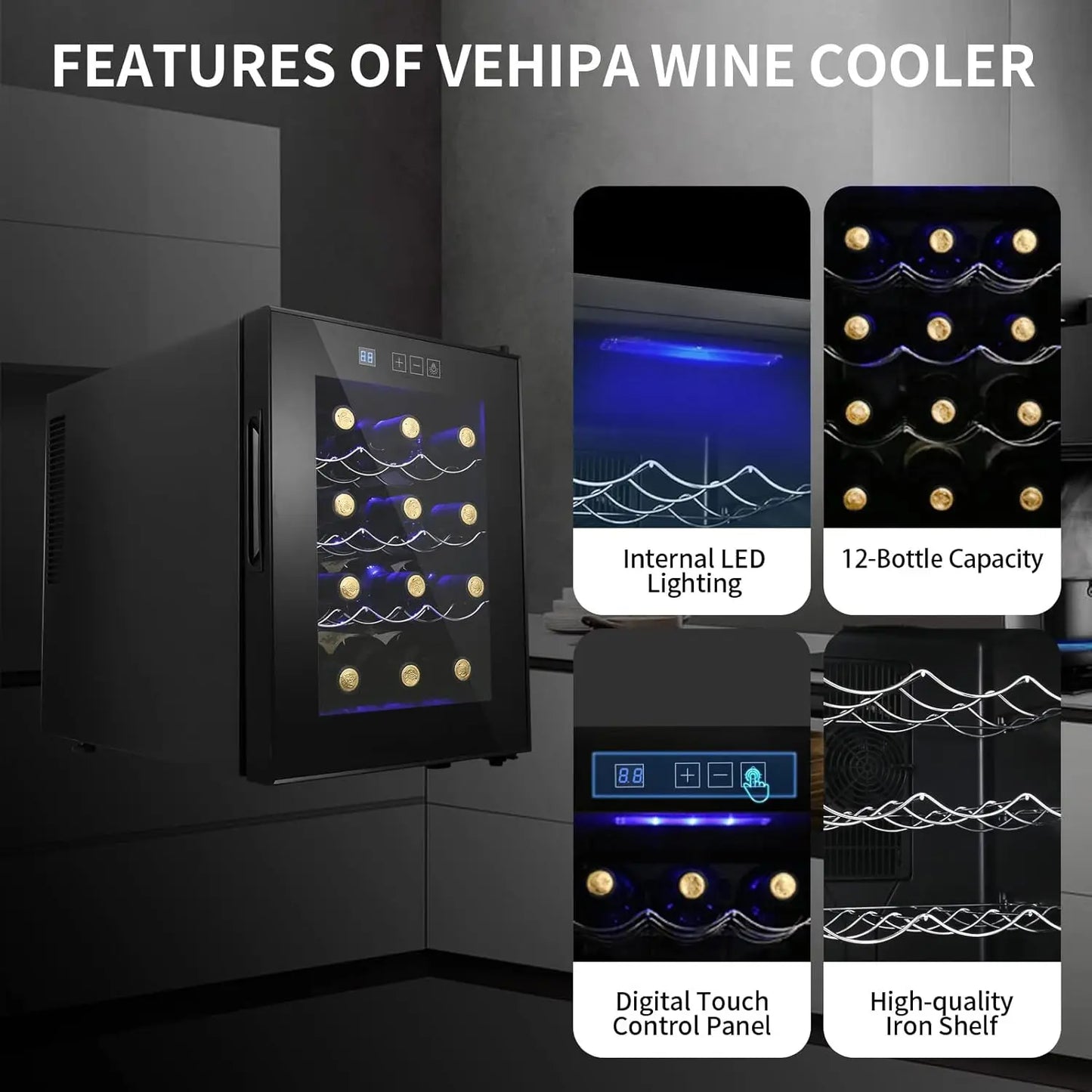 12 Bottle Wine Cooler Refrigerator, Compact Mini Wine Fridge with Digital Temperature Control Quiet Operation Thermoelectric Chi