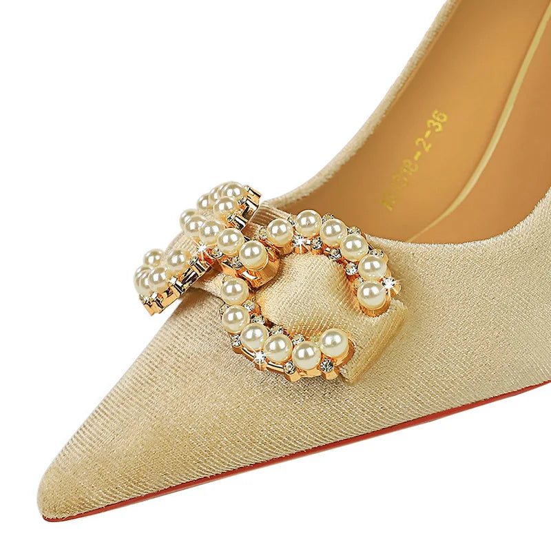 Women Low Heels Pumps Metal Chain Buckle Dress Shoes