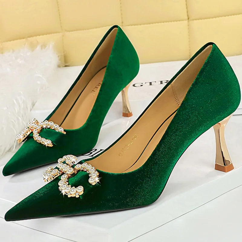 Women Low Heels Pumps Metal Chain Buckle Dress Shoes