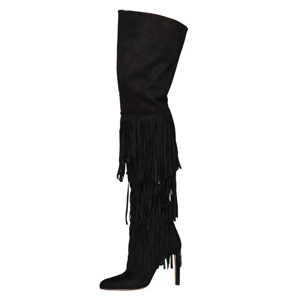 Women's Fashion Tassel High Heels Over Knee Boots New Black Suede Pointed Stiletto Tall Boots Elegant Casual Party Dress Boots