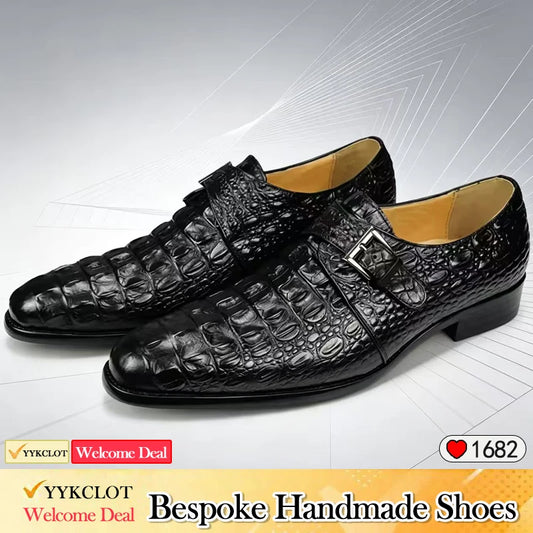 Italian Luxury Men's Leather Monk Strap Shoes – Crocodile Pattern Dress Loafers in Black & Wine