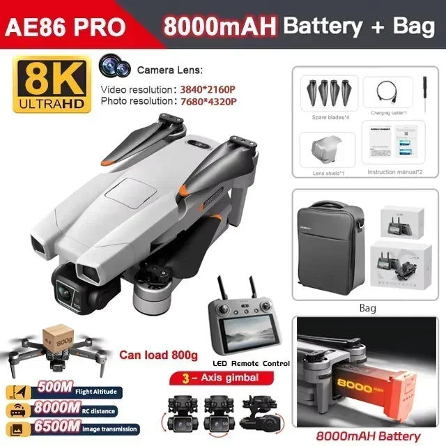 AE86 PRO MAX Professional Drone 10KM 3-Axis Gimbal RC Quadcopter 8K FPV Dual Camera GPS Obstacle Avoidance Drone with LED Screen