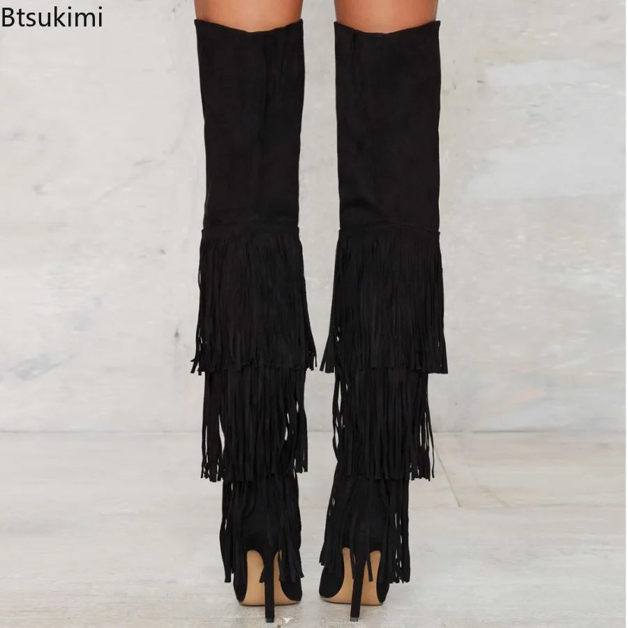 Women's Fashion Tassel High Heels Over Knee Boots New Black Suede Pointed Stiletto Tall Boots Elegant Casual Party Dress Boots