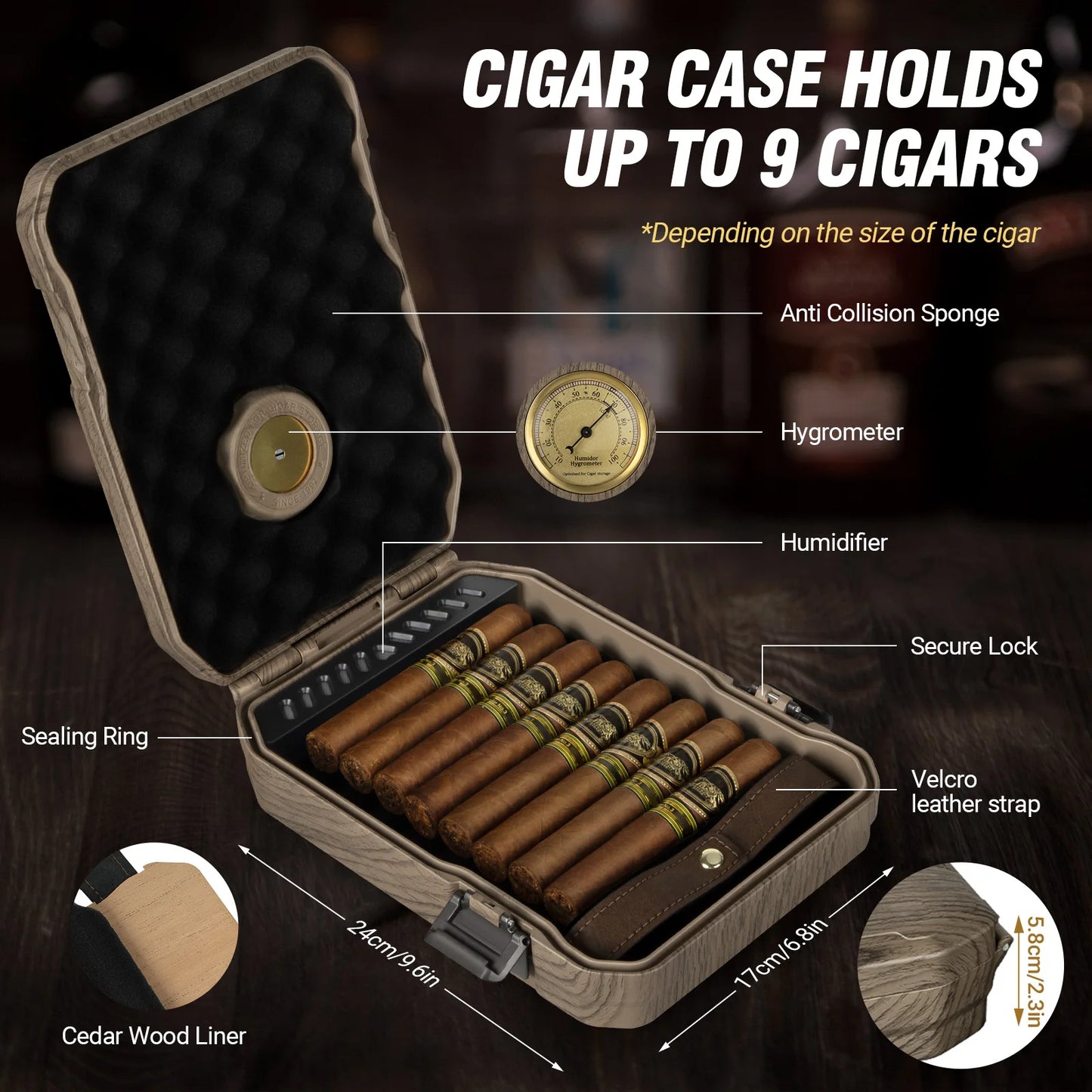 AWOTE Travel Cigar Humidor with Lighter,Cedar Wood,V Cut Cigar Cutter,Portable Cigar Humidor with Humidifier&Hygrometer