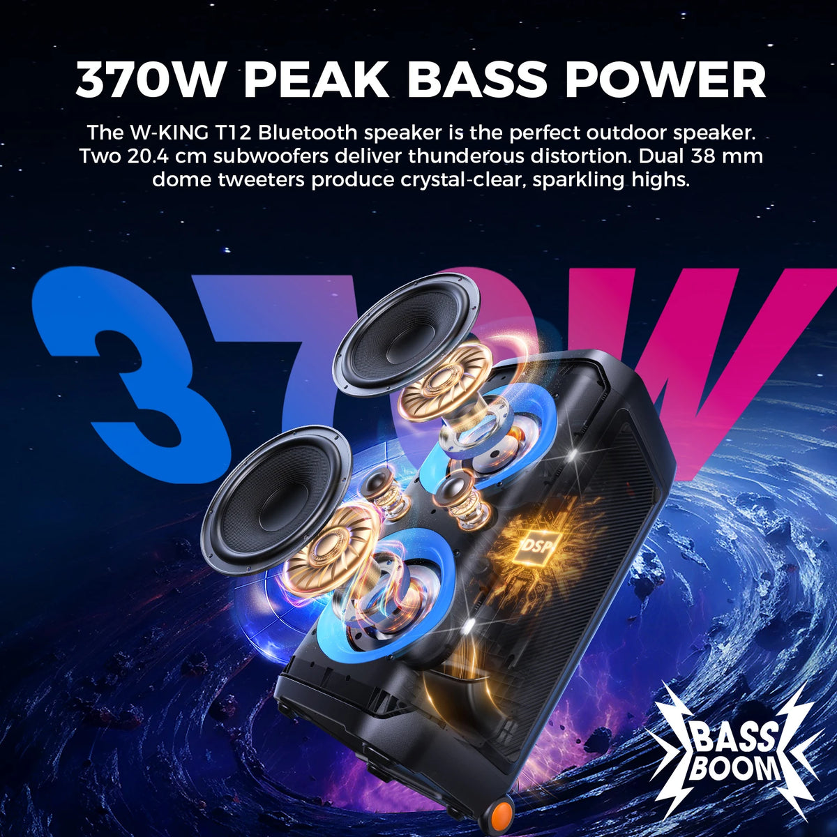 W-King T12 Portable Bluetooth Speaker Box with 370W Max Pro Sound,Light Show,Csb,Bass Boost, Wheels and Telescoping Handle