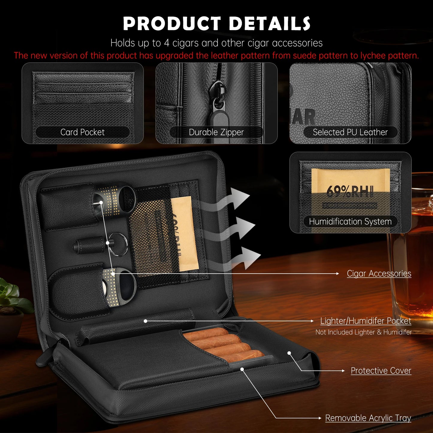 Portable Cigar Humidor Case with V Cutter,Straight Cigar Punch, Humidifier Packs for Travel