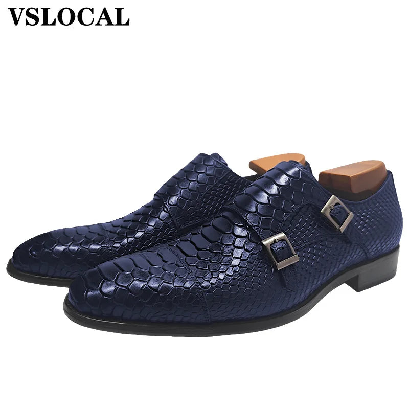 Luxury Men Loafers Shoes Slip On Snake Print Dress Mens Casual Shoes Black Blue Real Leather Double Monk Strap Shoes Man