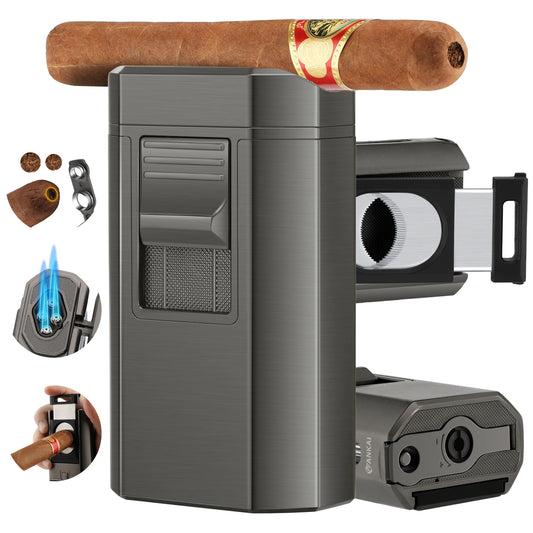 Cigar Lighter and Cigar Cutter Kit,Torch Lighter with Dual Cigar Punch, Cigar Holder Cigar Accessories,Refillable Butane Lighter