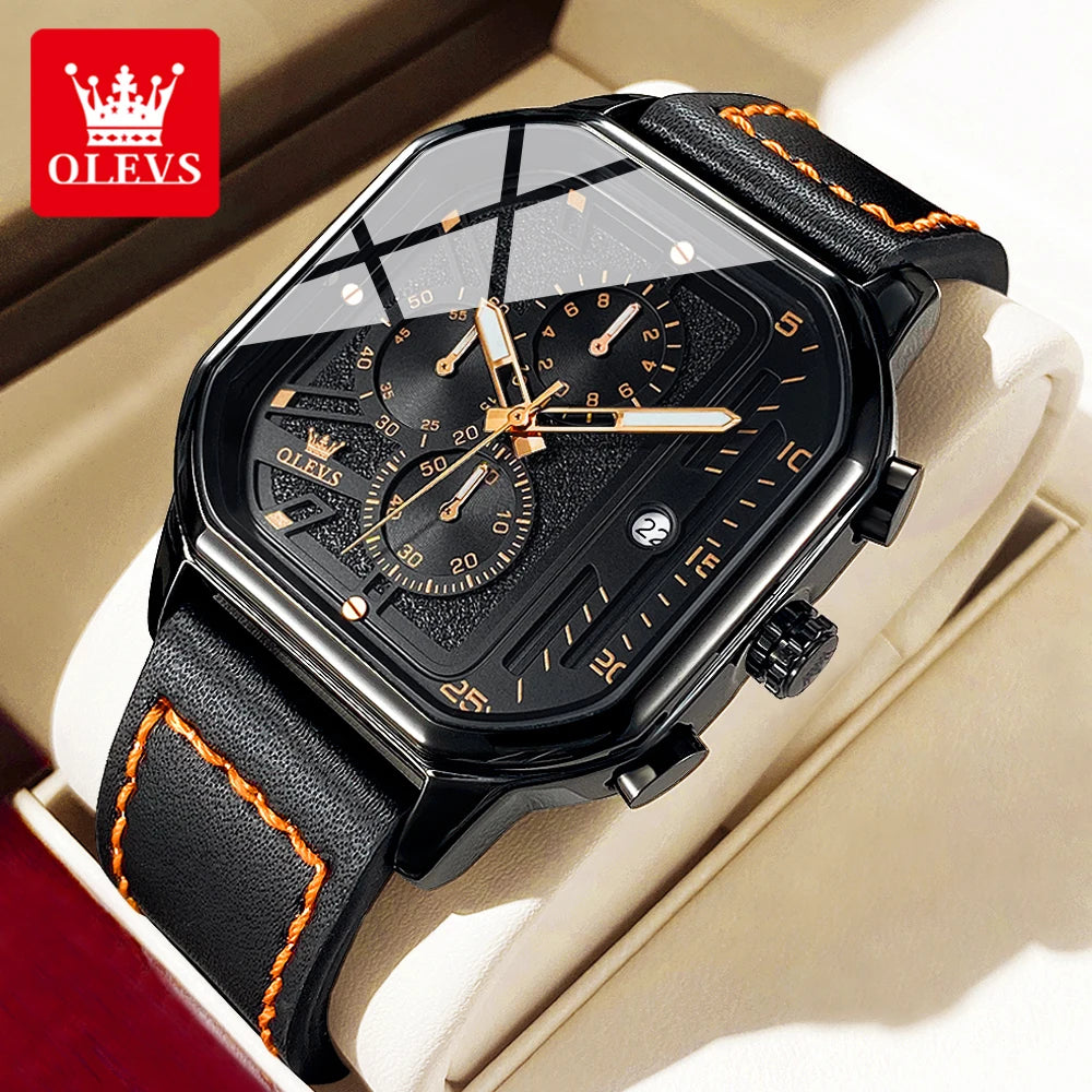 OLEVS 9950 Watches for Men Quartz Chronograph Leather Fashion Dress Watch Date Waterproof Luminous Casual Square Man Wristwatch