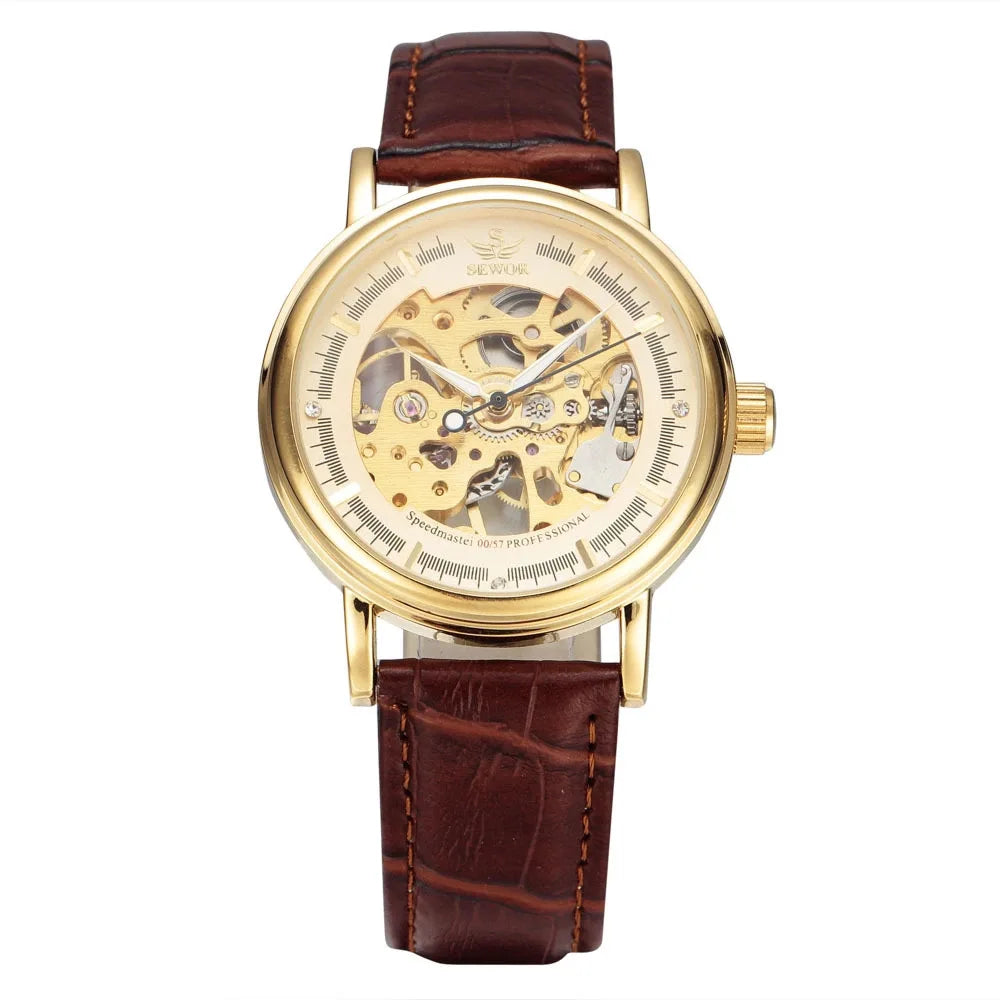 Men Mechanical Wristwatch, PU Leather Band, Mineral Reinforced Glass Wrist Watch forDaily Use