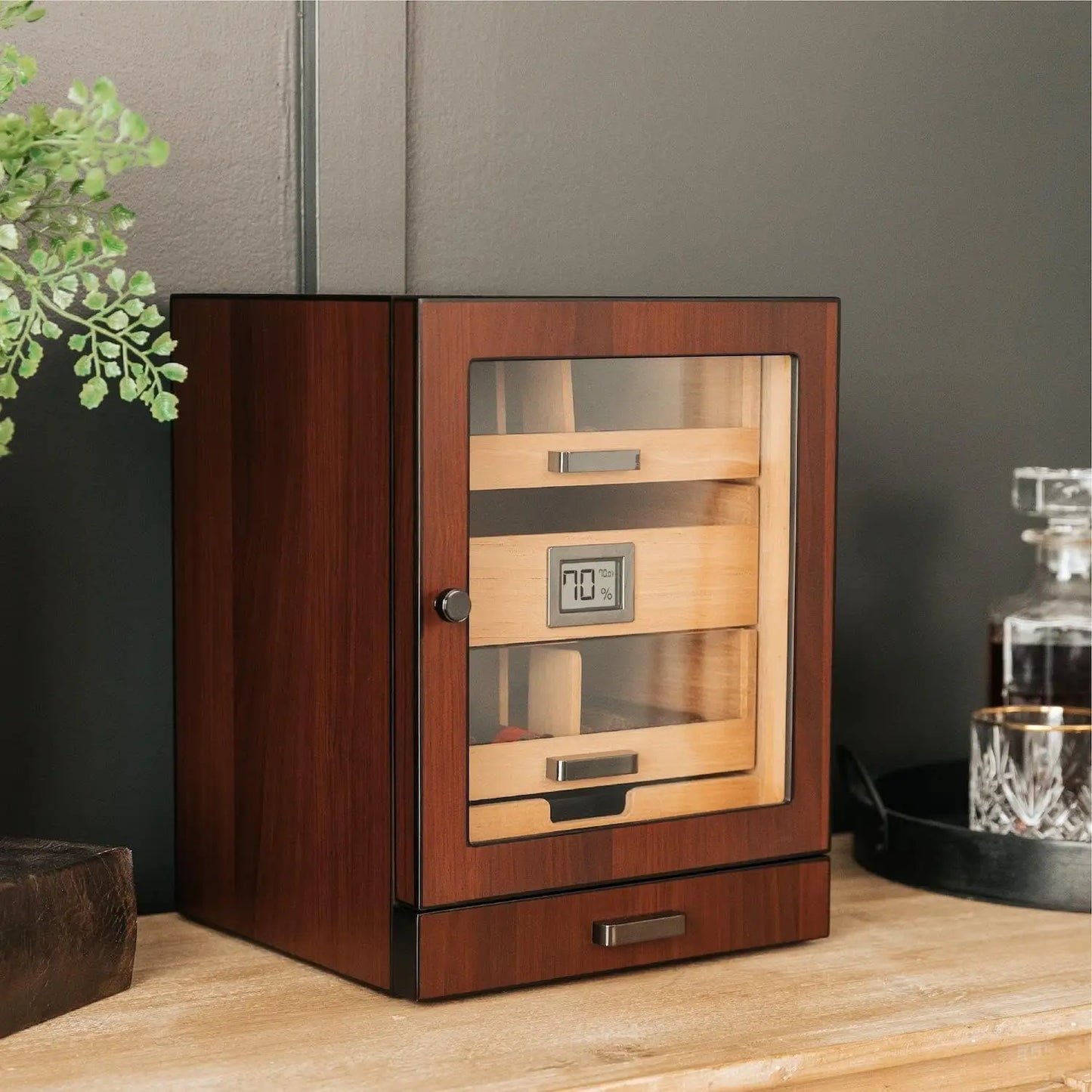 Monogrammed Luca Cabinet Humidor with thick cedar, easy humidification system, accurate digital hygrometer - Brown