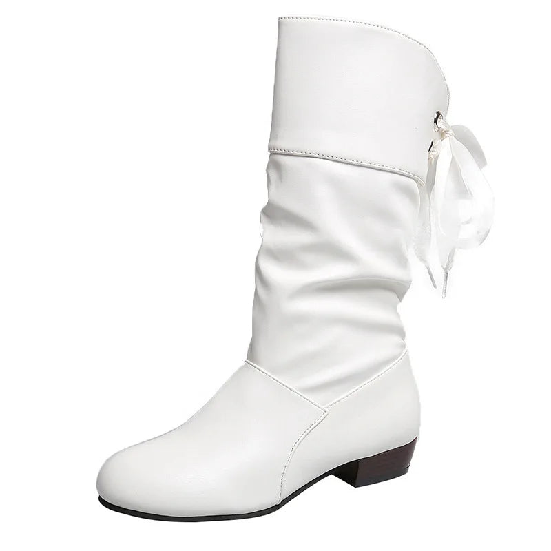 Women Versatile Boots Autumn Casual Back Lace-Up Mid-calf Boots Fashion Pleated Pu Leather Low Heel Botas Woman Large Size Shoes