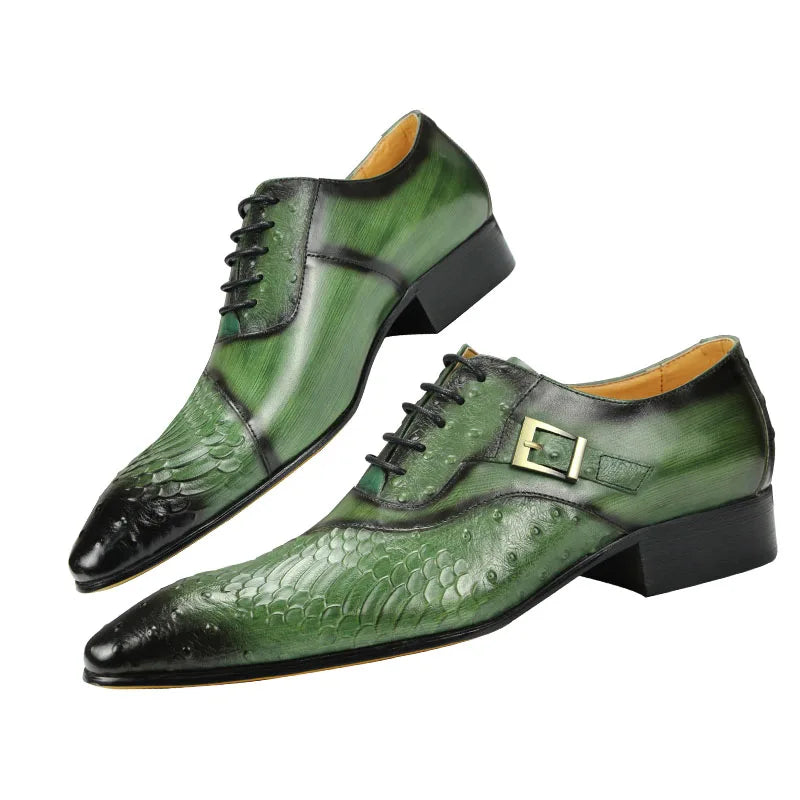 Luxury Men's Oxford Dress Shoes – British Carved Wingtip Leather Lace-Ups in Black & Green