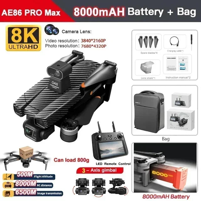 AE86 PRO MAX Professional Drone 10KM 3-Axis Gimbal RC Quadcopter 8K FPV Dual Camera GPS Obstacle Avoidance Drone with LED Screen