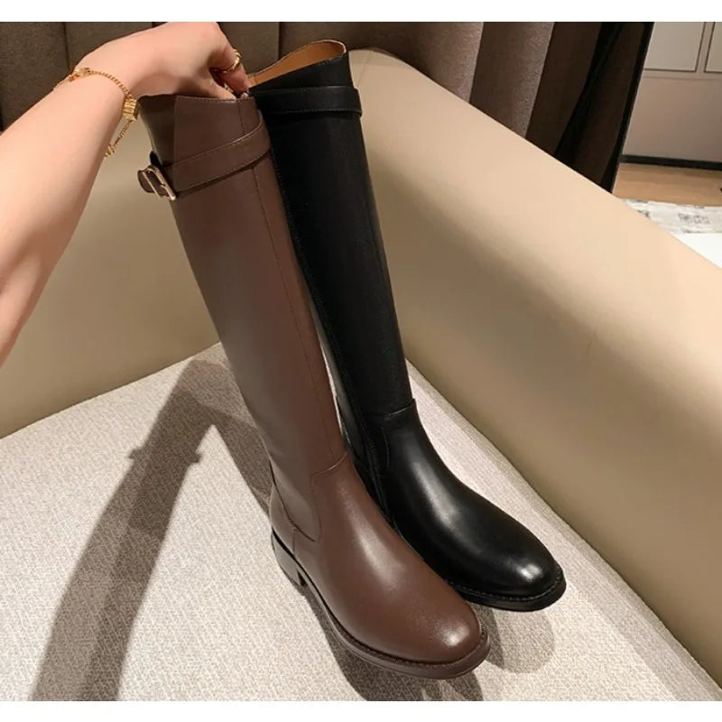 New Women's Black Elegant with Low Heels Shoes Long Brown Boots Winter Knee High Shaft Stylish Lastest Price Goth
