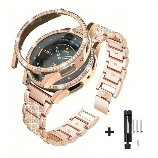 Rhinestone Watch Strap+PC Case For Samsung Galaxy Watch 7 FE 6 5 4 (44mm/40mm) Tempered Glass Protective Case Cover Metal Band