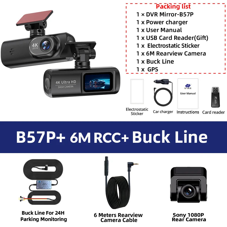 E-ACE 4K 1080P Car DVR 2 Cameras Lens Dash Camera Dual Lens Suppor Rearview Camera Video Recorder Auto Registrator Dash Cam