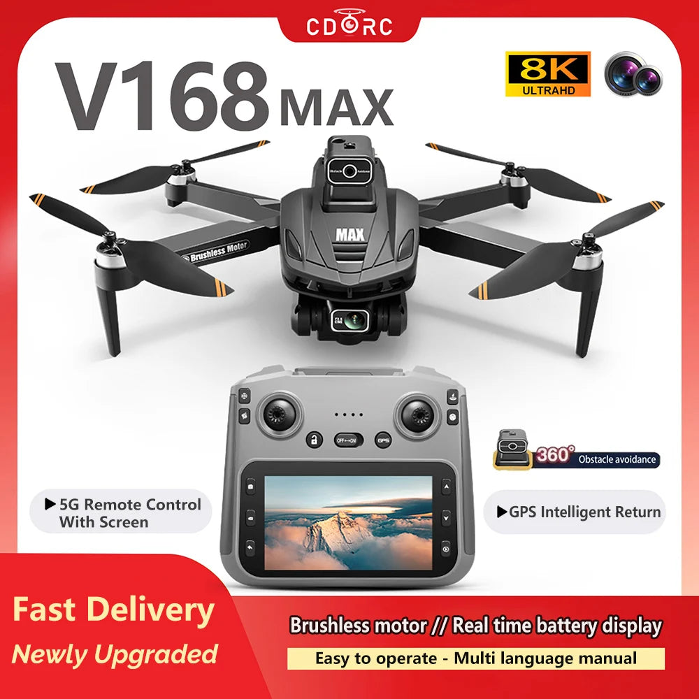 V168 Max Drone 8K Professional 5G GPS HD Dual Camera Photography 5KM Brushless Foldable Large Screen RC Quadcopter Toys