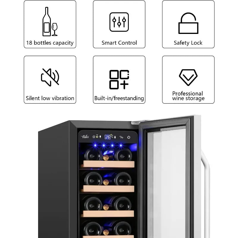 12 Inch Refrigerator, 18 Bottles Cooler with Upgraded Compressor, 41-72F, Fits Large Bottles, Mini Wine Fridge