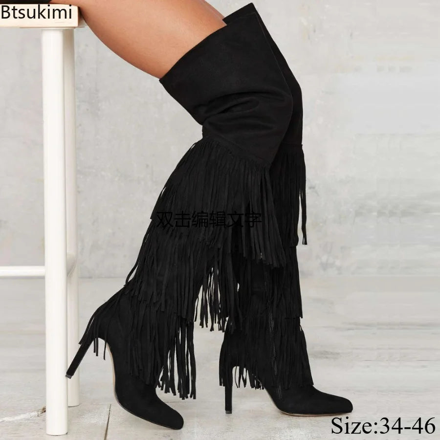 Women's Fashion Tassel High Heels Over Knee Boots New Black Suede Pointed Stiletto Tall Boots Elegant Casual Party Dress Boots